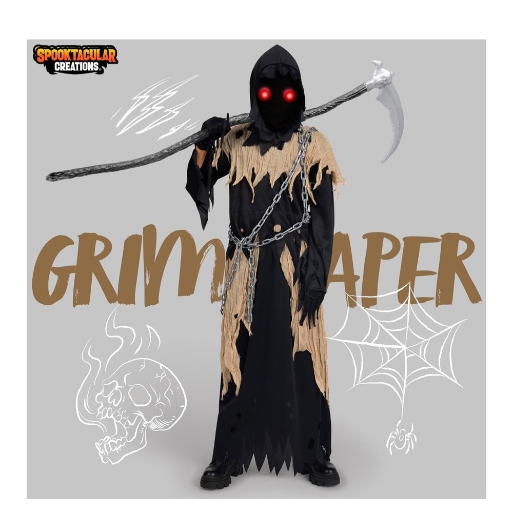 Kids Glowing Eyes Grim Reaper Costume with Light Up Glasses Gloves, Hood & Chain